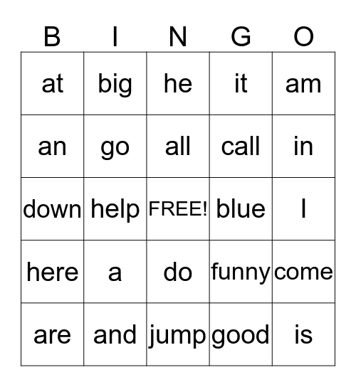 Dolch Words Bingo Card