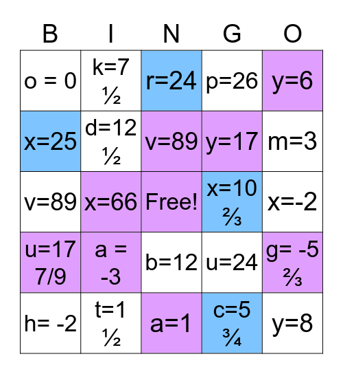 Angela's Equation Bingo Card