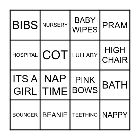 Jo's Baby Shower Bingo Card