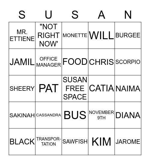 SUSAN BIRTHDAY BINGO Card