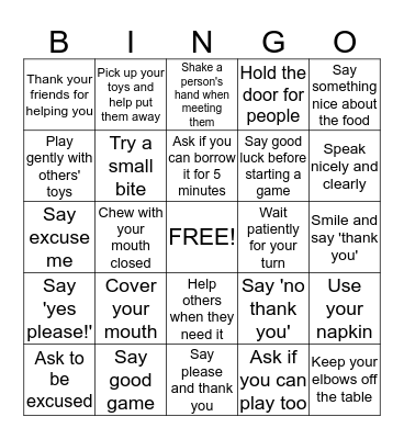 Manners BINGO Card