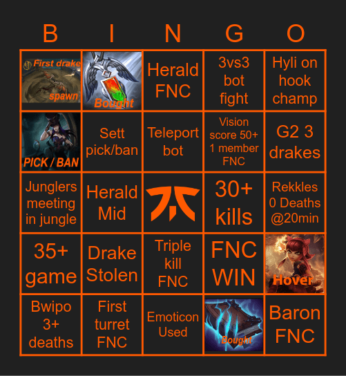 Fnatic vs G2 Game 3 Bingo Card