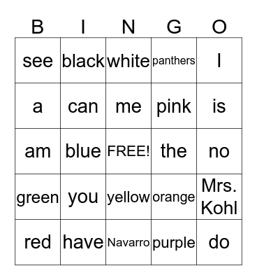 Sights Words/Color Words Bingo Card