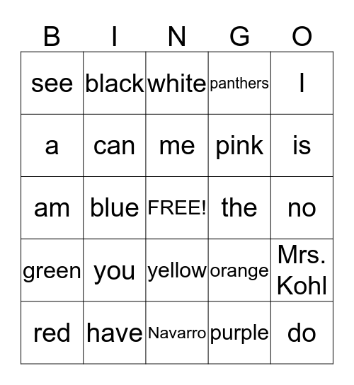 Sights Words/Color Words Bingo Card