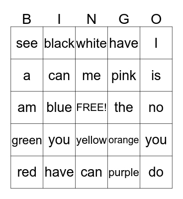 Sights Words/Color Words Bingo Card