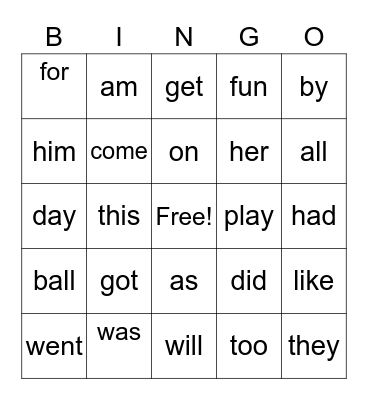List B Bingo Card
