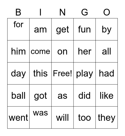 List B Bingo Card