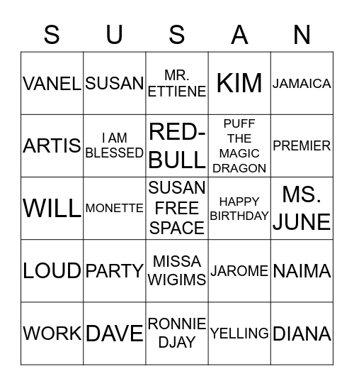 SUSAN BIRTHDAY BINGO Card