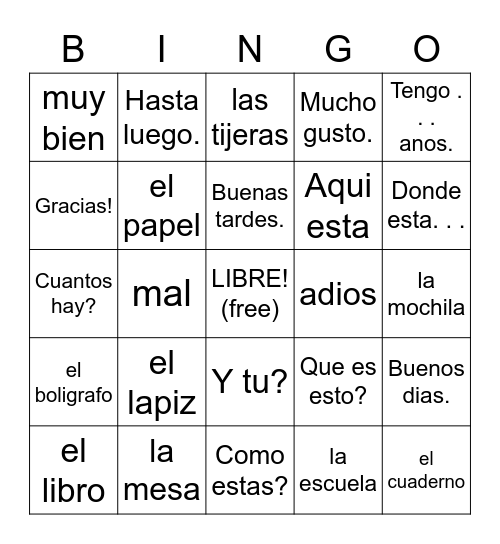 Spanish 1 Bingo Card