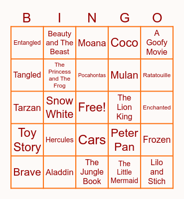 Disney Movie Songs! Bingo Card