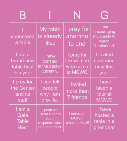 MCWC Gala Table Host Bingo Card