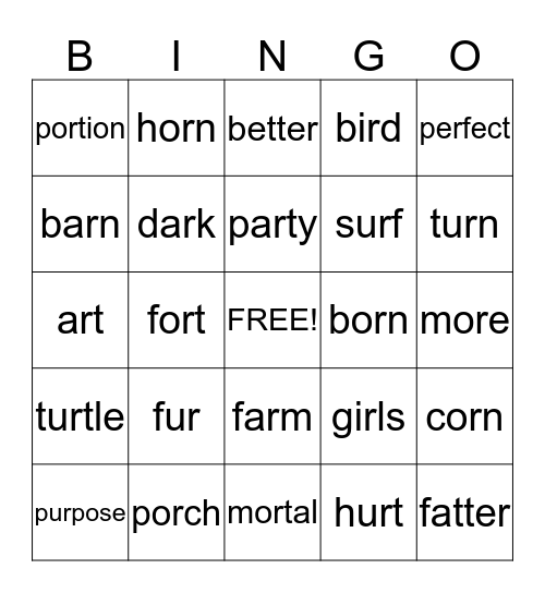 R controlled vowel words Bingo Card