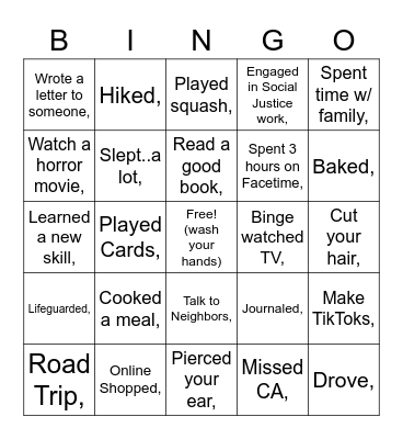 Summer Activities Bingo Card