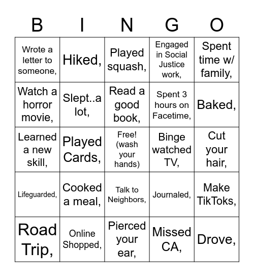 Summer Activities Bingo Card