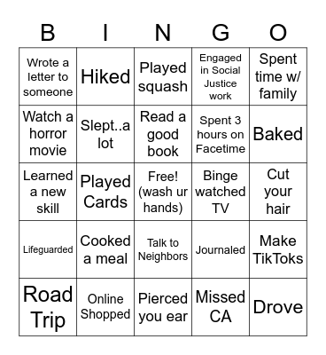 Summer Activities Bingo Card
