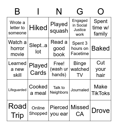 Summer Activities Bingo Card