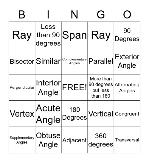 Basic Angles Review Bingo (Middle School) Bingo Card