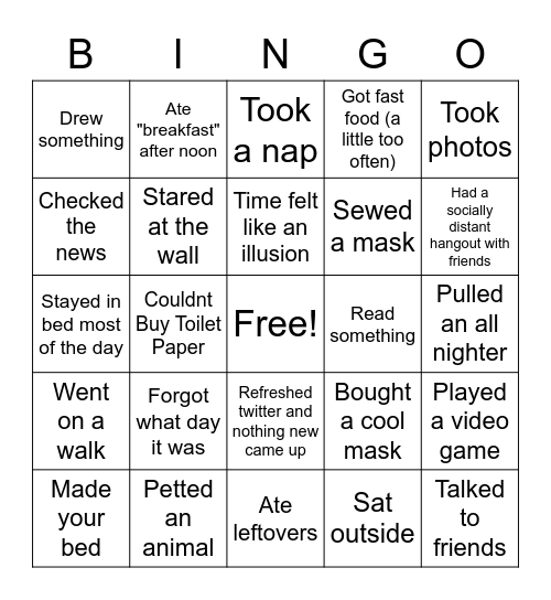 Quarantine Bingo Card