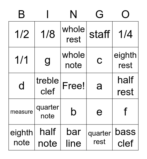 Notes and Rest Bingo Card