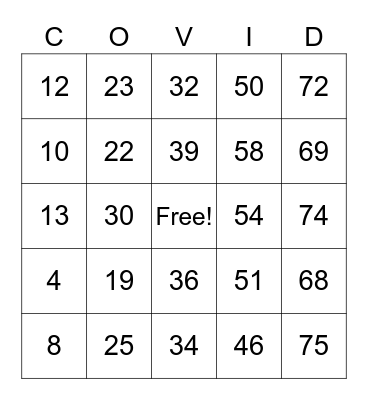 COVID BINGO! Bingo Card