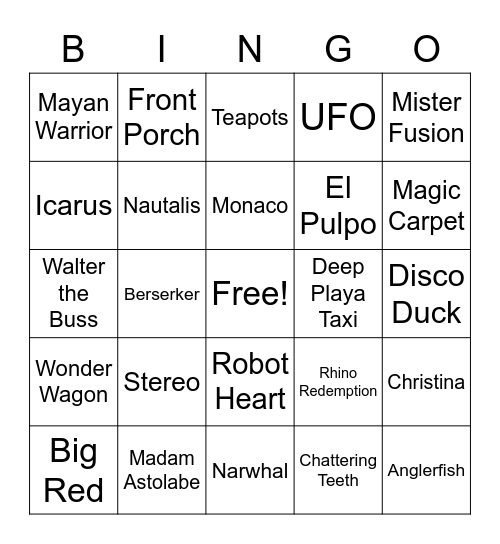 Art Cars Bingo Card