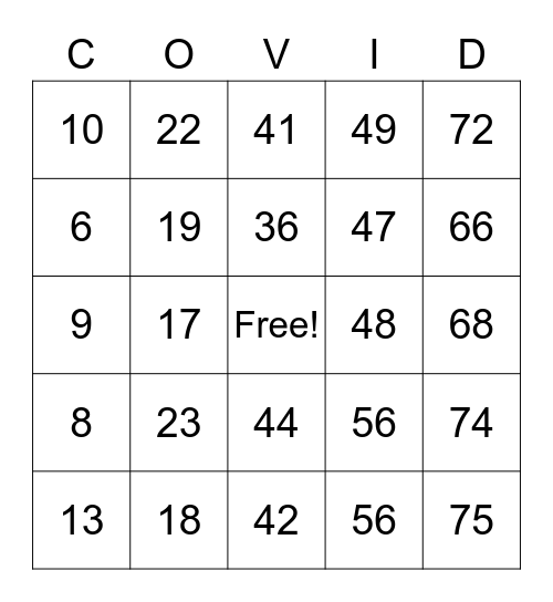 COVID BINGO! Bingo Card