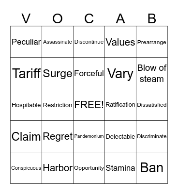 Vocabulary bingo Card