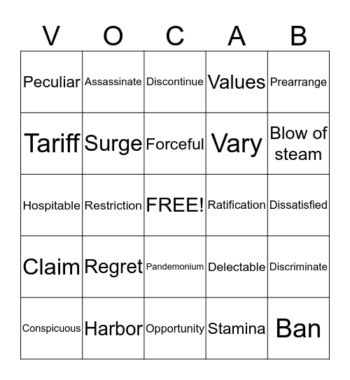 Vocabulary bingo Card