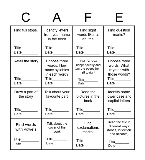 K2 KoD Reading Cafe Bingo Options Bingo Card