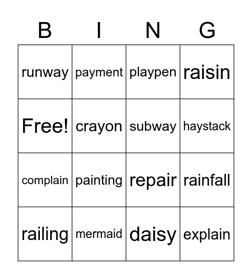 Vowel teams ai and ay Bingo Card