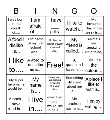 Getting to know you with Mrs Davis Week B Bingo Card