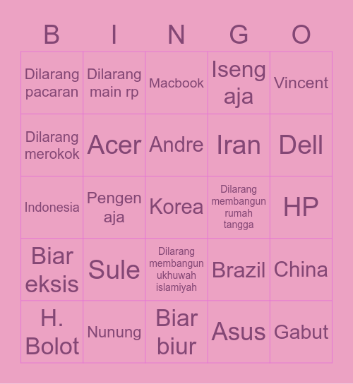 Mina Bingo Card