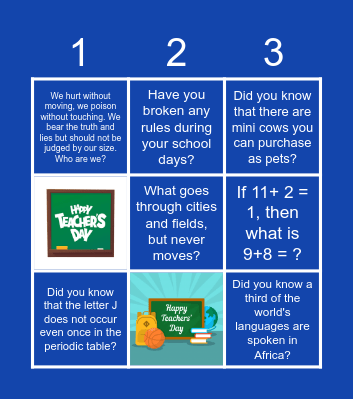 Happy Teachers' Day Bingo Card