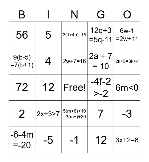 Maths Assessment Bingo Card