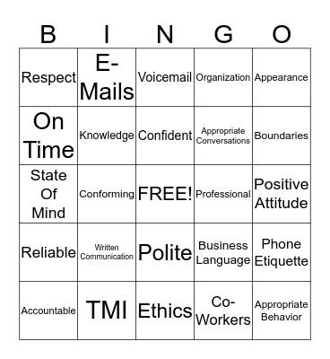 Professionalism Bingo Card