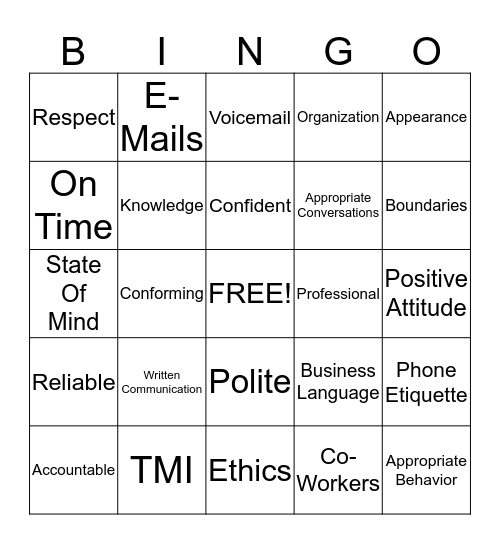 Professionalism Bingo Card