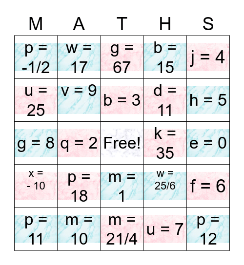 Math BINGO Card