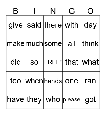First Grade Sight Words Bingo Card