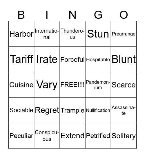 Vocabulary Bingo Card