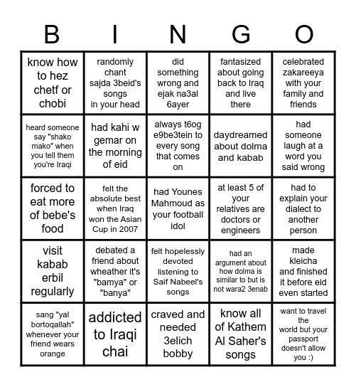 BINGO IRAQI EDITION Bingo Card