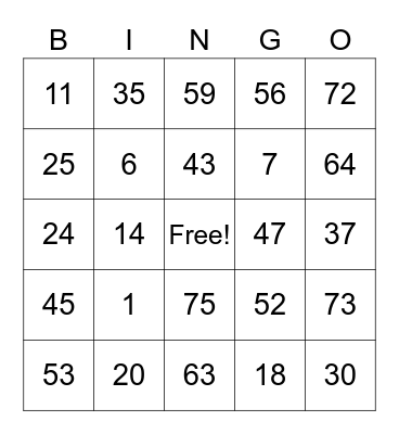 Number Bingo 1-75 Bingo Card