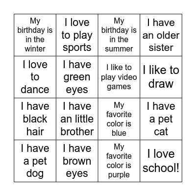 All About Me! Bingo Card