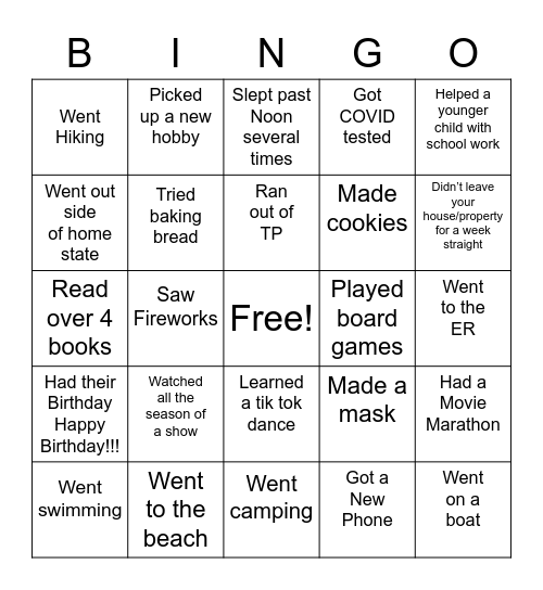 Summer COVID Bingo Card