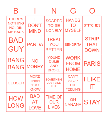 BILLBOARD HITS OF LAST 5 YEARS Bingo Card