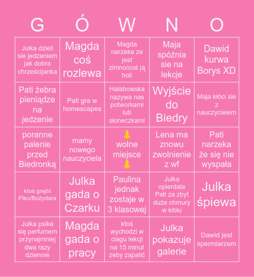 pierwszy dzień w szkole Bingo Card