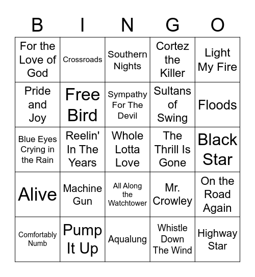 Guitar Hits Bingo Card