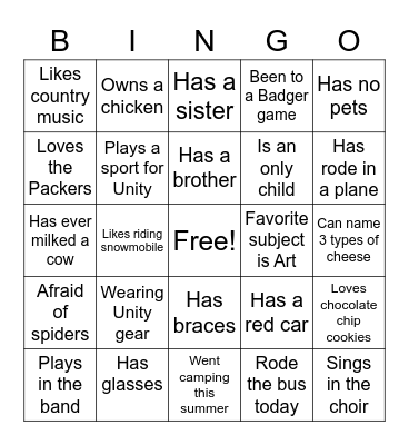 Sit Down - Stand Up Table BINGO Card