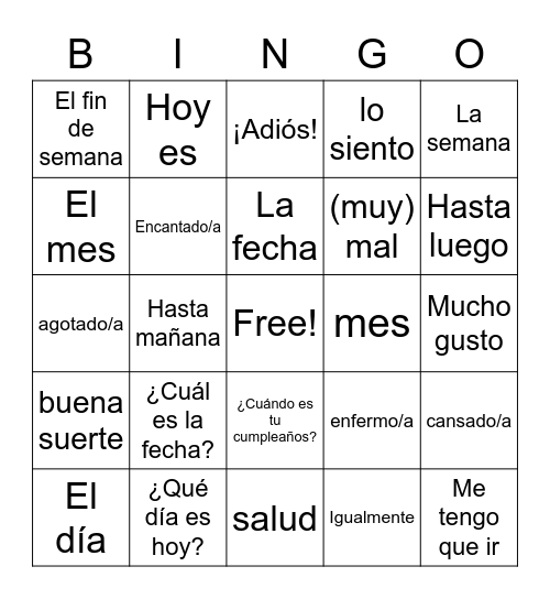 Beginning Spanish review (1) Bingo Card