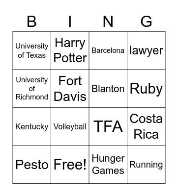 Jamie Bingo! Bingo Card