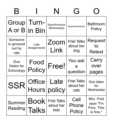 First Day Bingo Card